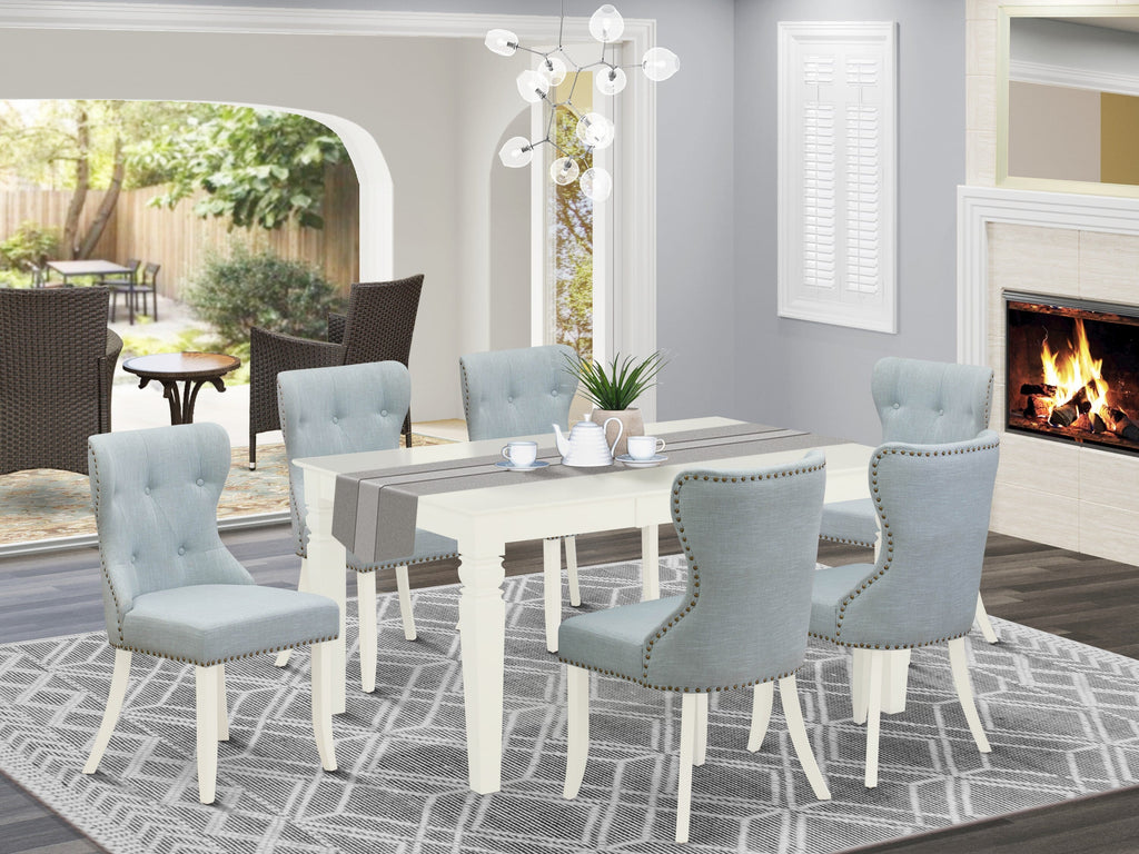 WESI7-I6W-SD 7-Piece Rectangular Dining Set with Leaf, 6 Upholstered Blue Chairs, Linen White Finish, Perfect for Your Dining Space