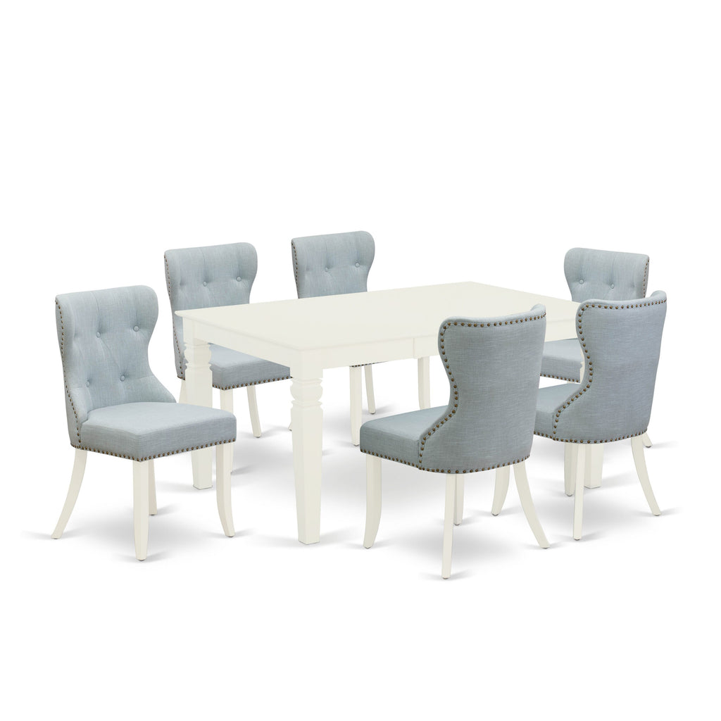 WESI7-I6W-SD 7-Piece Rectangular Dining Set with Leaf, 6 Upholstered Blue Chairs, Linen White Finish, Perfect for Your Dining Space