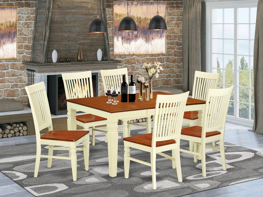 WEST7-2CJ-F 7-Piece Dining Ensemble Rectangle Table with Leaf & 6 Chairs, Buttermilk & Cherry