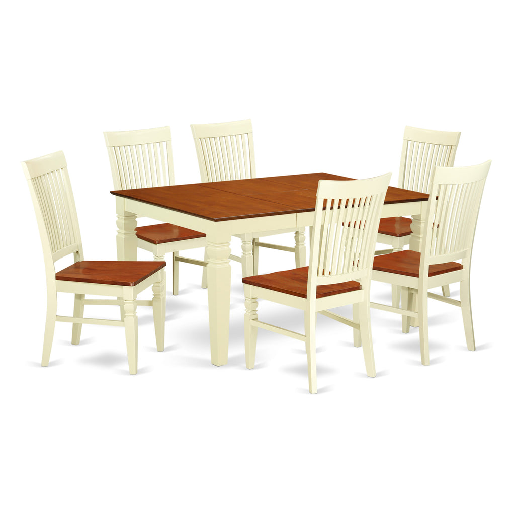 WEST7-2CJ-F 7-Piece Dining Ensemble Rectangle Table with Leaf & 6 Chairs, Buttermilk & Cherry