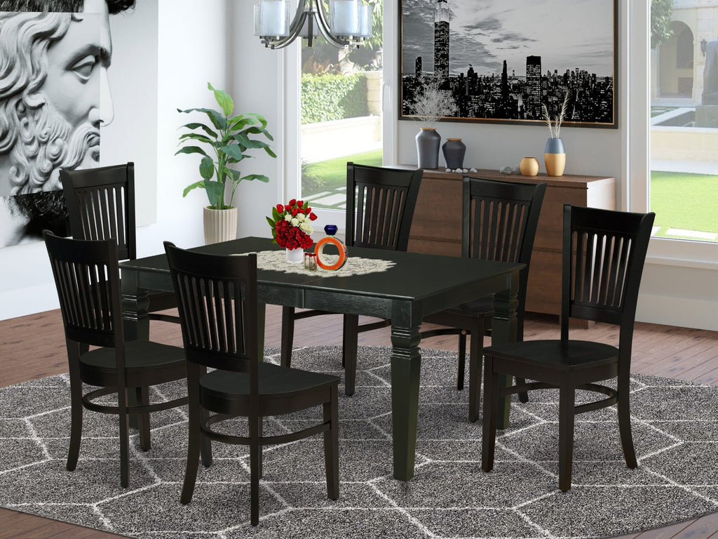 WEVA7-XQ1-0 Luxurious 7-Piece Dining Ensemble with Expanding Table and Classic Chairs, 42x60 Black Finish
