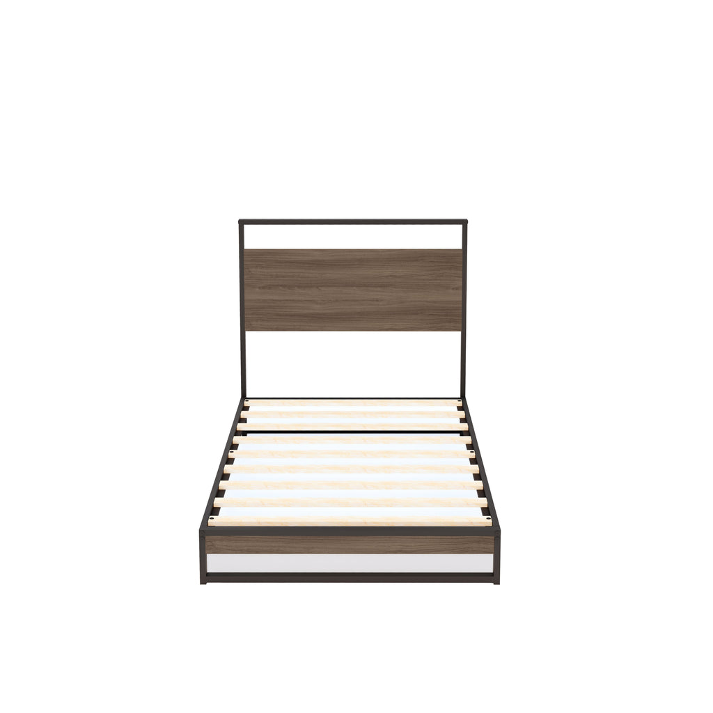WITBB03 Metal Platform Bed Lavishly Crafted with Powder-Coated Black Finish and Weathered Wood-Laminate Elements