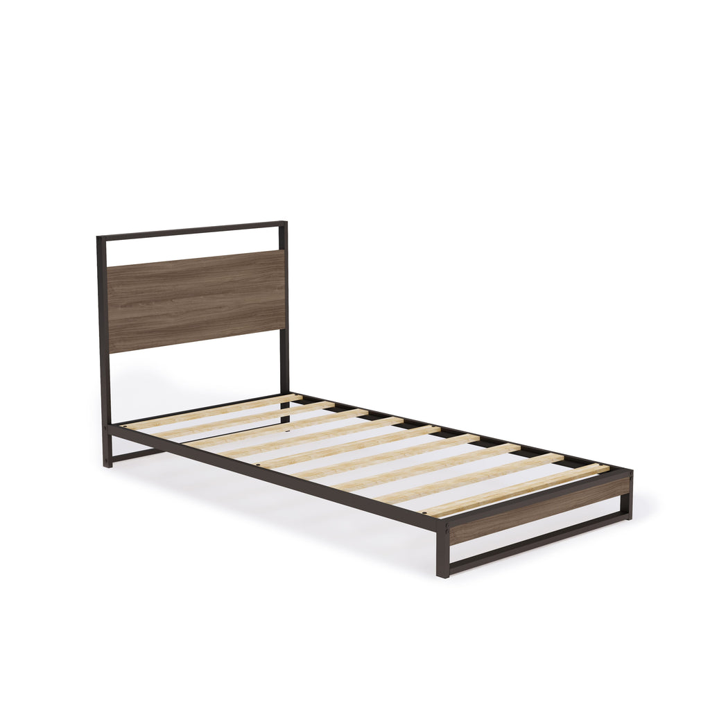 WITBB03 Metal Platform Bed Lavishly Crafted with Powder-Coated Black Finish and Weathered Wood-Laminate Elements