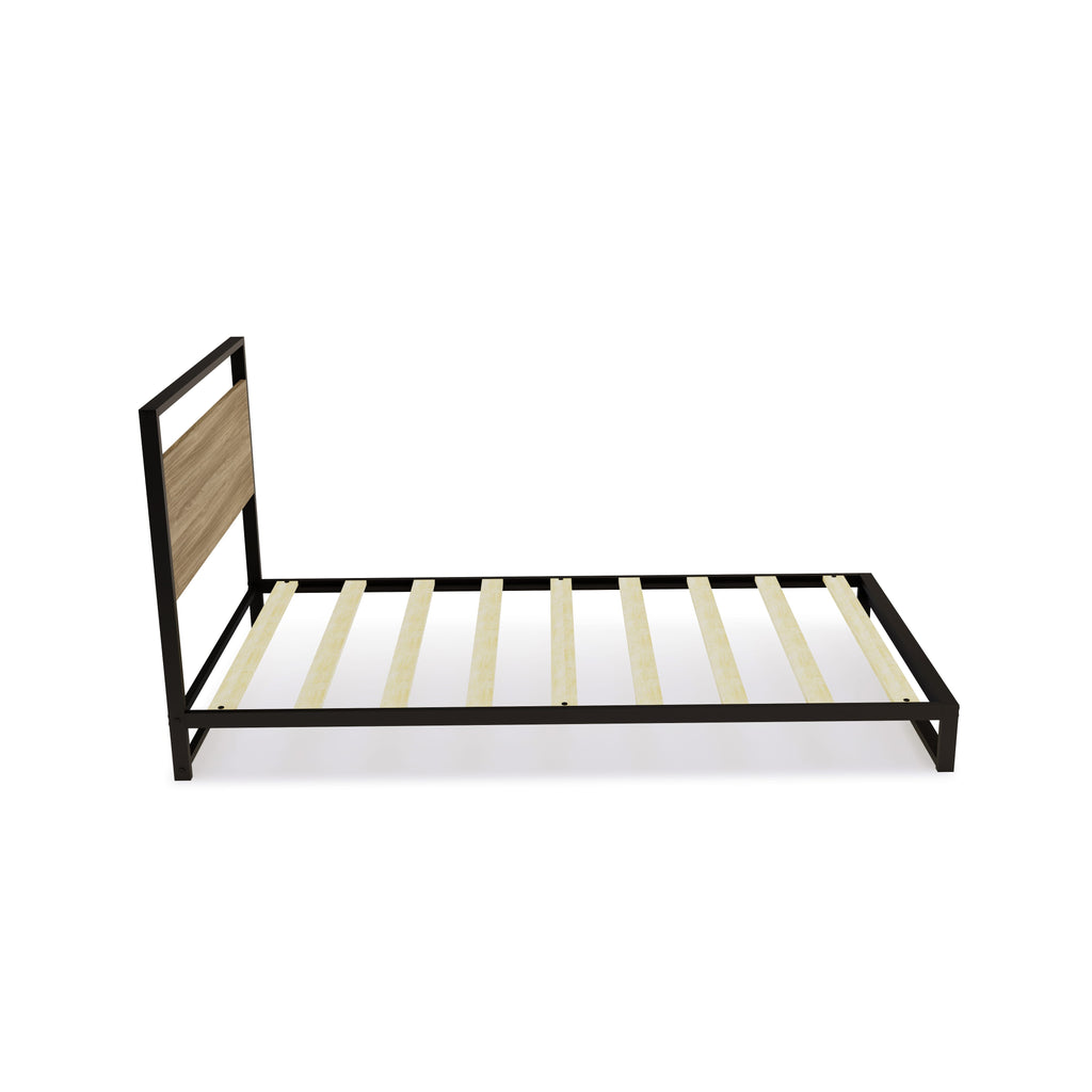 WITBB03 Metal Platform Bed Lavishly Crafted with Powder-Coated Black Finish and Weathered Wood-Laminate Elements