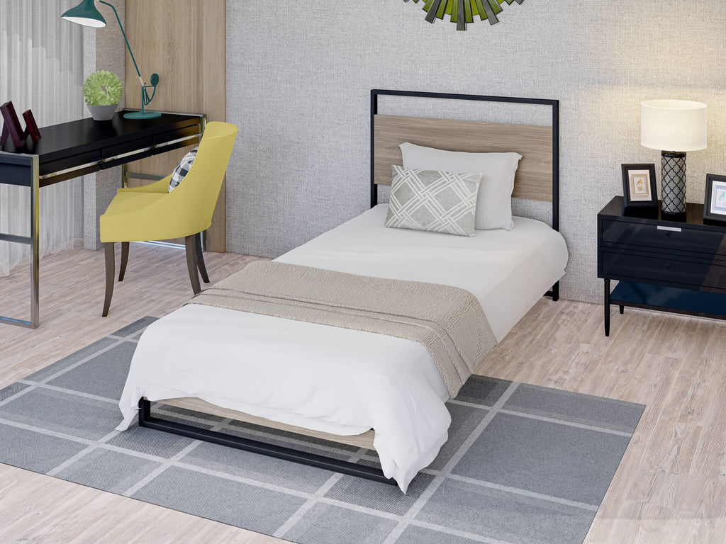 WITBB03 Metal Platform Bed Lavishly Crafted with Powder-Coated Black Finish and Weathered Wood-Laminate Elements