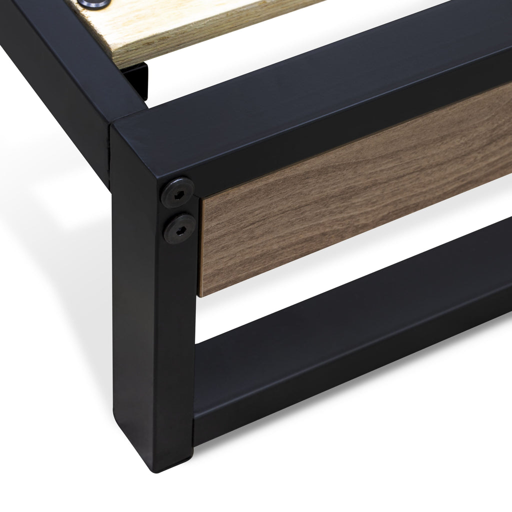 WITBB03 Metal Platform Bed Lavishly Crafted with Powder-Coated Black Finish and Weathered Wood-Laminate Elements