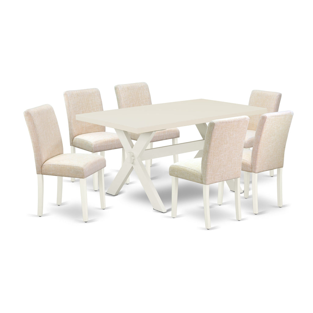 X026A9ZYZ-H Sophisticated 7-Piece Dining Set with Rectangular Table, X-Legs & 6 Upholstered Beige Chairs