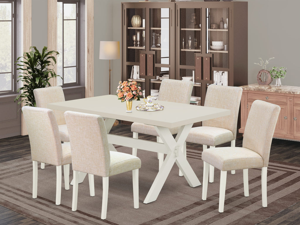 X026A9ZYZ-H Sophisticated 7-Piece Dining Set with Rectangular Table, X-Legs & 6 Upholstered Beige Chairs
