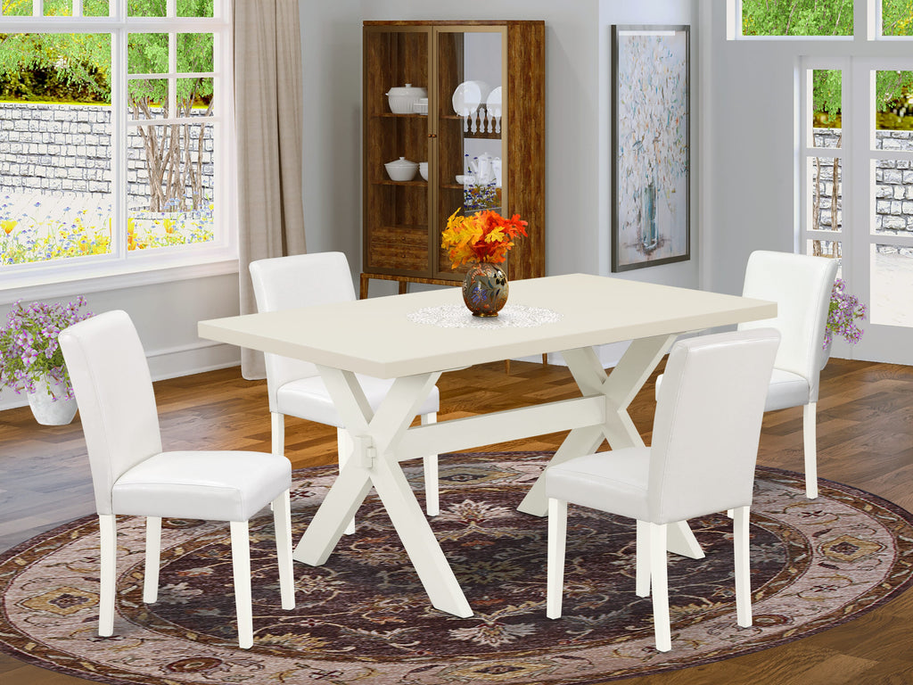 5-Piece Dining Ensemble with Modern X-Leg Table and White Upholstered Chairs X026A7WVG-C