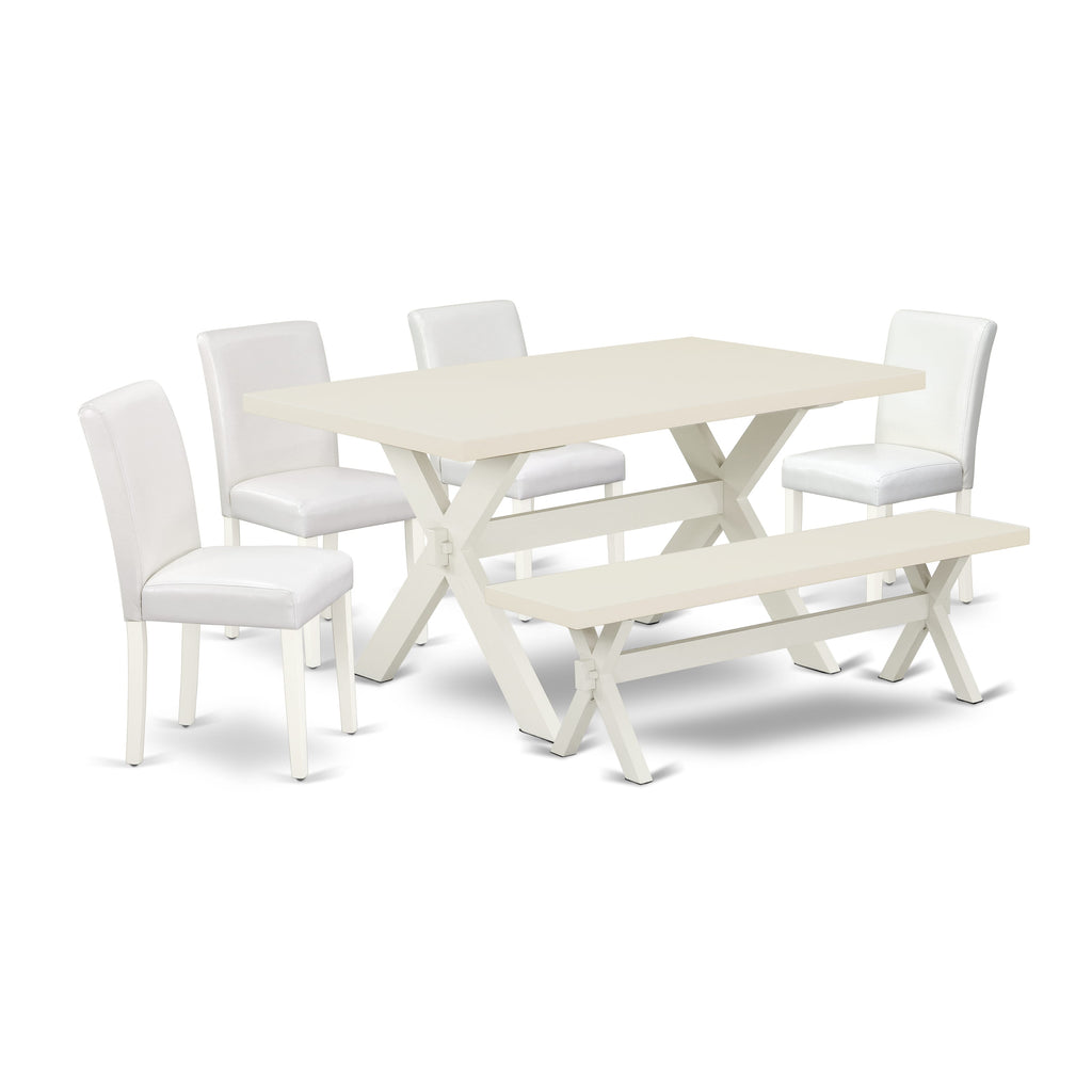 X026ADAIJ-W 6-Piece Dining Set with Unique Rectangular Table, X-Legs, White Faux Leather Chairs, and Bench, Multi-Color