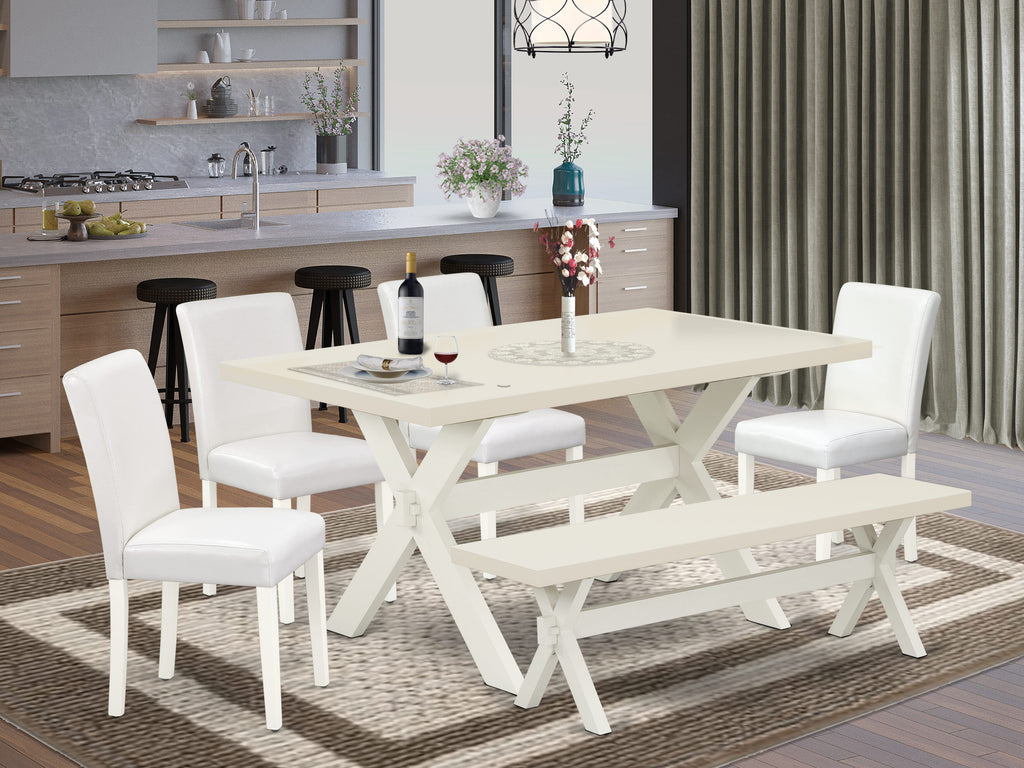 X026ADAIJ-W 6-Piece Dining Set with Unique Rectangular Table, X-Legs, White Faux Leather Chairs, and Bench, Multi-Color