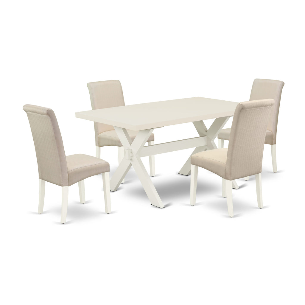 X026BNZNP-M Stylish 5-Piece Dining Set - Rectangular Table with X-Legs and Cream Linen Chairs, Multi-Color