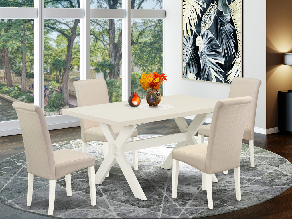 X026BNZNP-M Stylish 5-Piece Dining Set - Rectangular Table with X-Legs and Cream Linen Chairs, Multi-Color