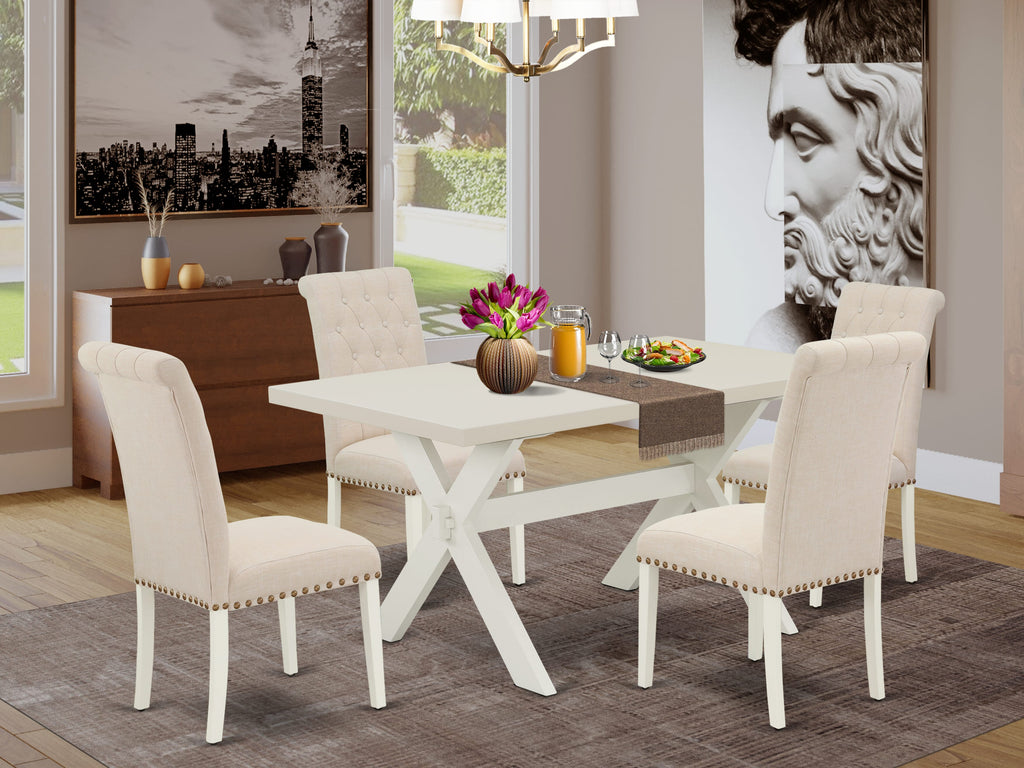 X026B0AOD-E 5-Piece Dining Set with Rectangle Table & 4 Chic Beige Upholstered Chairs, 36x60 Inch