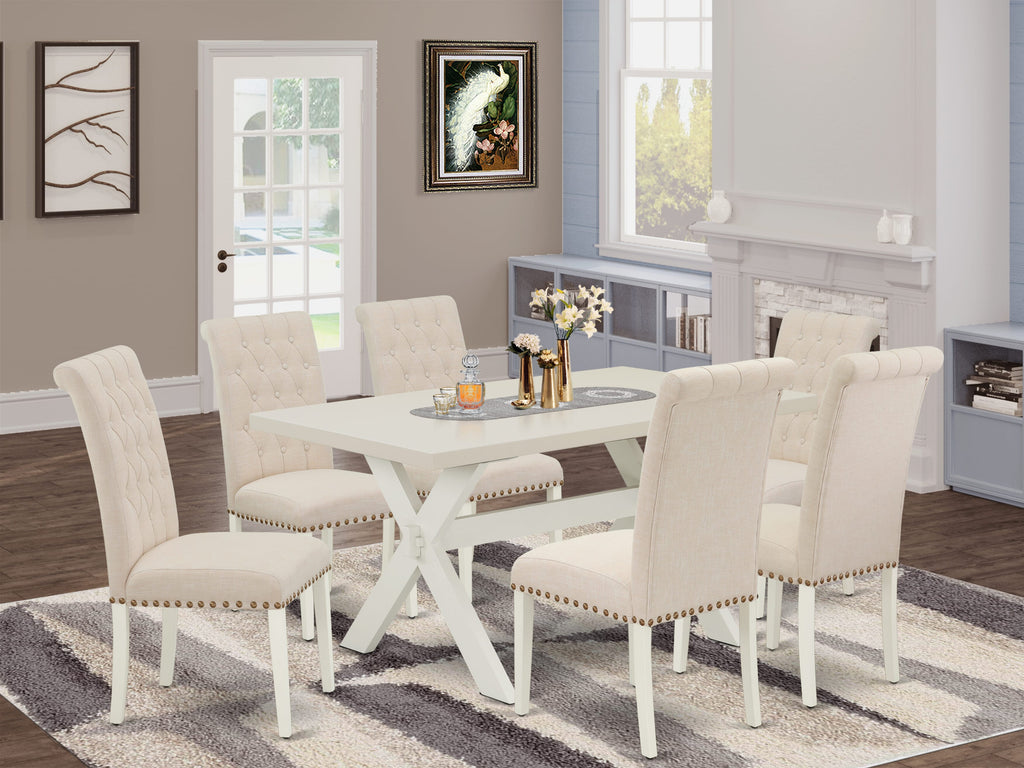 X026B2GJB-F 7-Piece Dining Set Modern Rectangular Table with X-Legs & 6 Beige Chairs