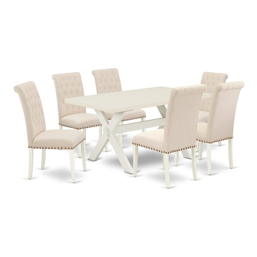 X026B2GJB-F 7-Piece Dining Set Modern Rectangular Table with X-Legs & 6 Beige Chairs