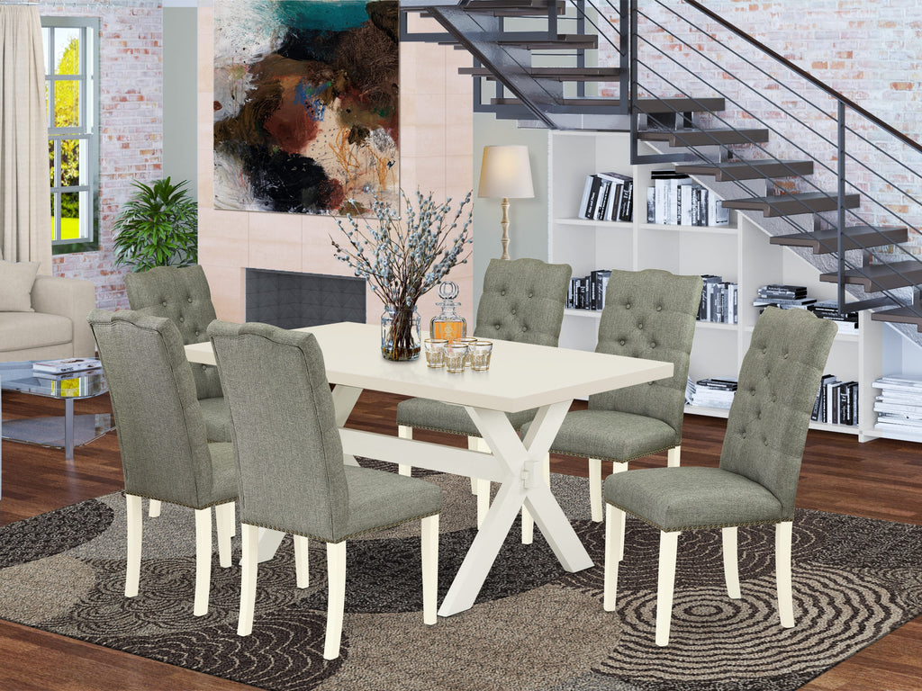X026EQU3L-I 7-Piece Dining Ensemble featuring X-Base Table & 6 Gray Upholstered Chairs, 36x60
