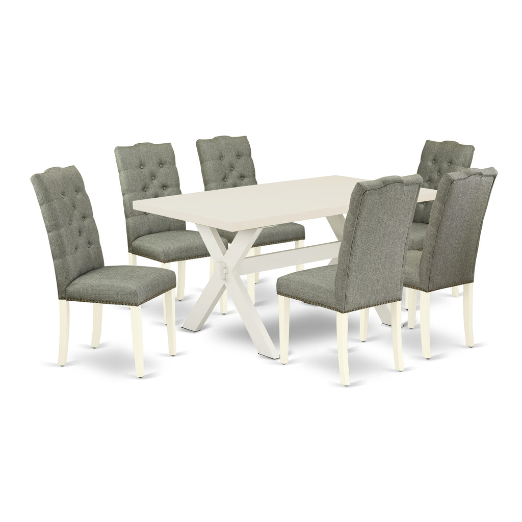 X026EQU3L-I 7-Piece Dining Ensemble featuring X-Base Table & 6 Gray Upholstered Chairs, 36x60