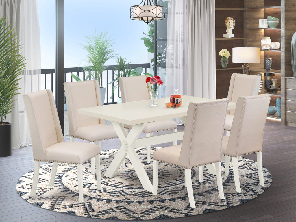 X026F5XYM-7 Dining Set Elegant Rectangle 7-Piece Table & Fabric Chairs Ensemble with X-Legs, Multi-Color
