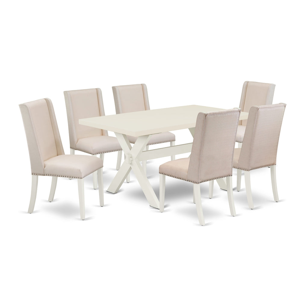X026F5XYM-7 Dining Set Elegant Rectangle 7-Piece Table & Fabric Chairs Ensemble with X-Legs, Multi-Color