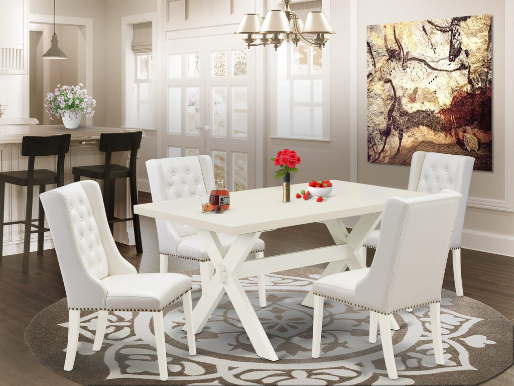 X026F4P65-X Enchanted Charm 5-Piece Dining Ensemble X-Leg Table & 4 Gray-Upholstered Chairs, Multi
