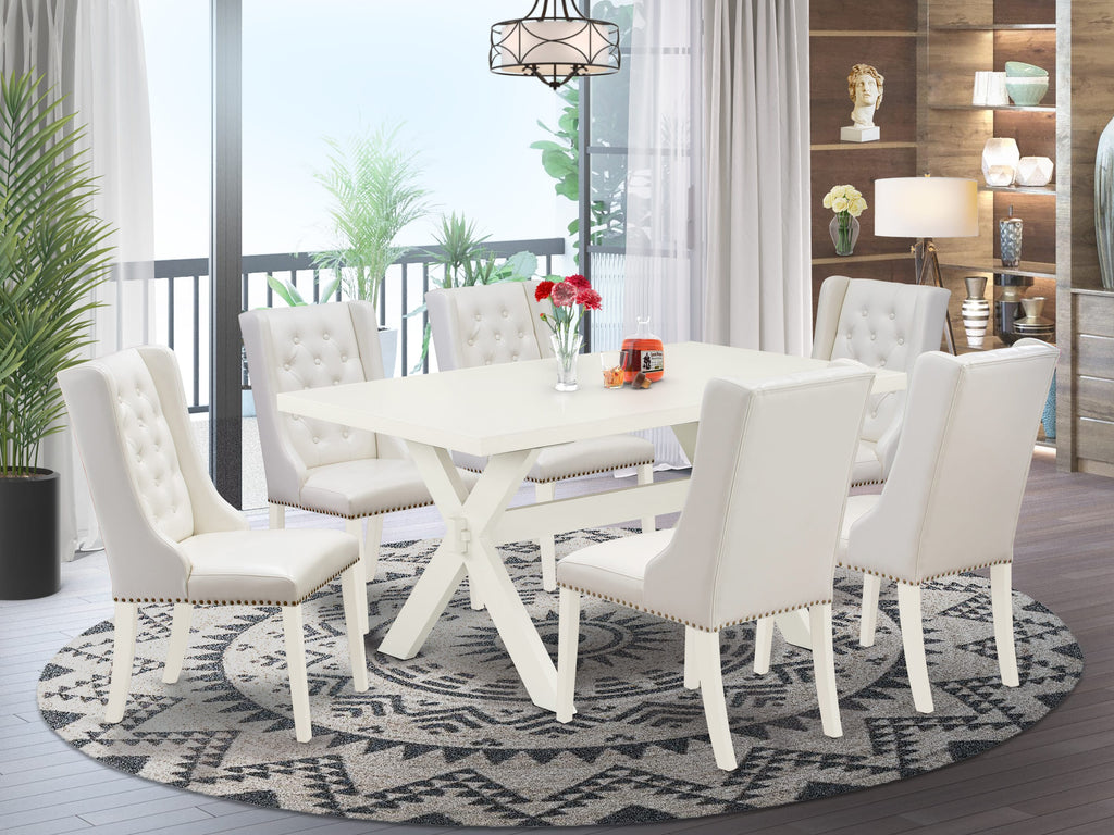 X026FJTO7-5 7-Piece Dining Ensemble with Rectangular Table and 6 Faux Leather Chairs, Multi-Color
