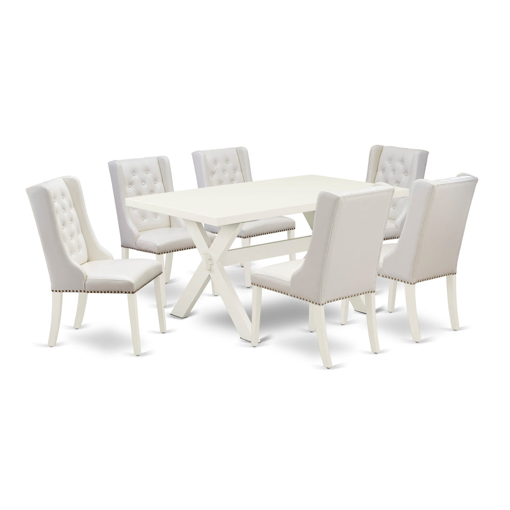 X026FJTO7-5 7-Piece Dining Ensemble with Rectangular Table and 6 Faux Leather Chairs, Multi-Color