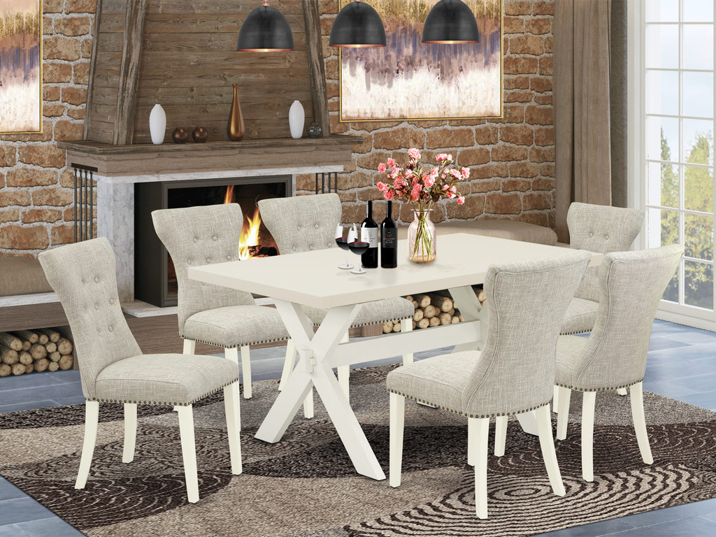 X026G8SP7-2 7-Piece Rectangle Table Set with X-Style Wood Base and 6 Upholstered Parson Seats