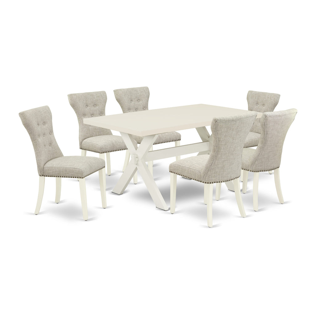 X026G8SP7-2 7-Piece Rectangle Table Set with X-Style Wood Base and 6 Upholstered Parson Seats
