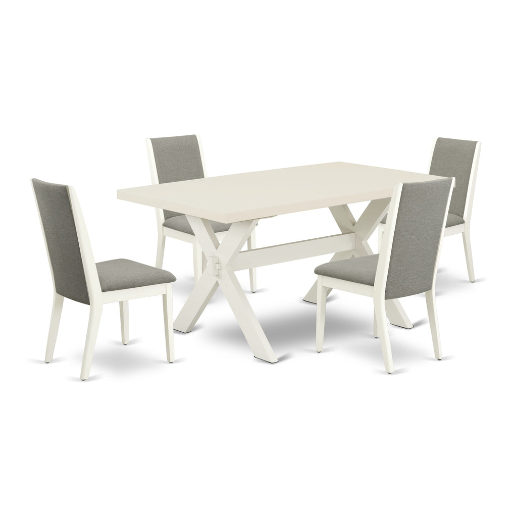X026L6IFC-W 5-Piece Dining Set with Rectangle Table, X-Legs, & 4 Linen Parson Chairs, 36x60