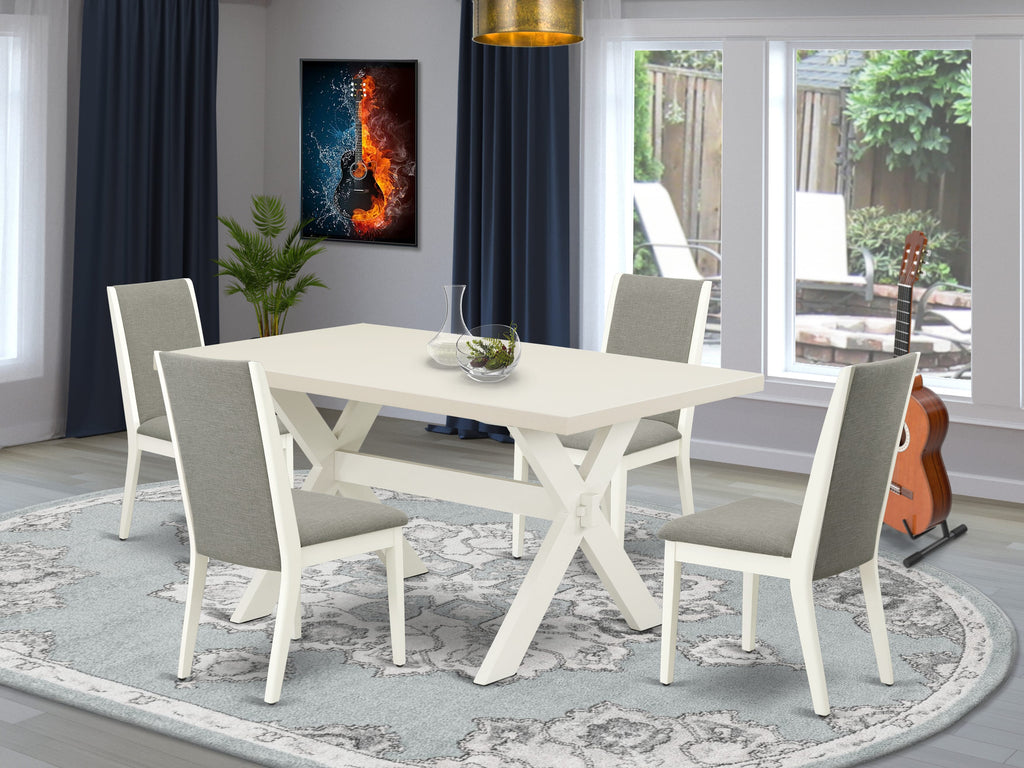 X026L6IFC-W 5-Piece Dining Set with Rectangle Table, X-Legs, & 4 Linen Parson Chairs, 36x60