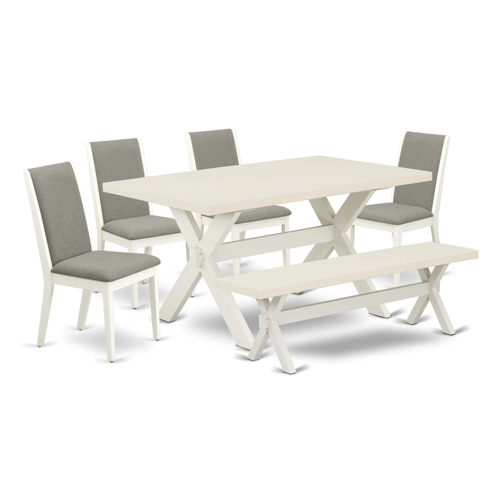 X026L41I0-K Kitchen Dining Ensemble with Rectangle Table, X-Legs, 4 Shitake Linen Parsons & Bench, 6-Piece Set
