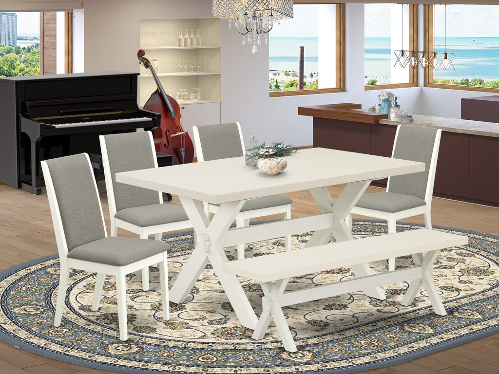 X026L41I0-K Kitchen Dining Ensemble with Rectangle Table, X-Legs, 4 Shitake Linen Parsons & Bench, 6-Piece Set