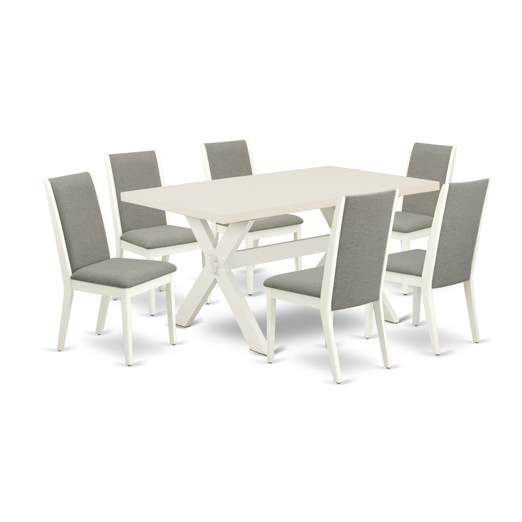X026LKVCR-0 Dining Ensemble Rectangular Table with X-Legs & 6 Shitake Linen Parson Chairs