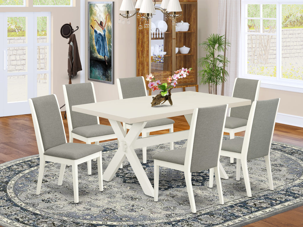 X026LKVCR-0 Dining Ensemble Rectangular Table with X-Legs & 6 Shitake Linen Parson Chairs