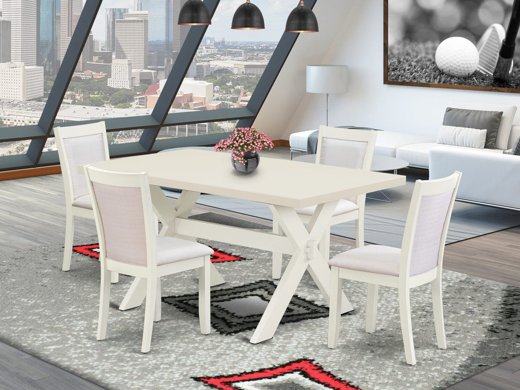 X026MZHKG-2 5-Piece Set Rectangle Dining Table with Crossed Legs and 4 Cream Linen Parsons Chairs, Multi-Color, 36x60