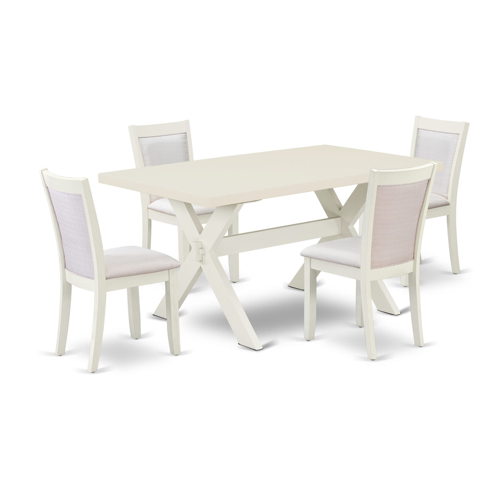 X026MZHKG-2 5-Piece Set Rectangle Dining Table with Crossed Legs and 4 Cream Linen Parsons Chairs, Multi-Color, 36x60