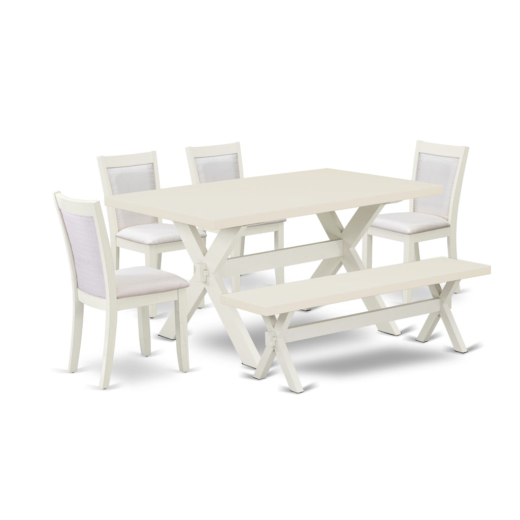 X026M89NO-L Charming 6-Piece Rectangle Dining Set with X-Leg Table, Cream Parson Chairs & Bench, Multi-Color
