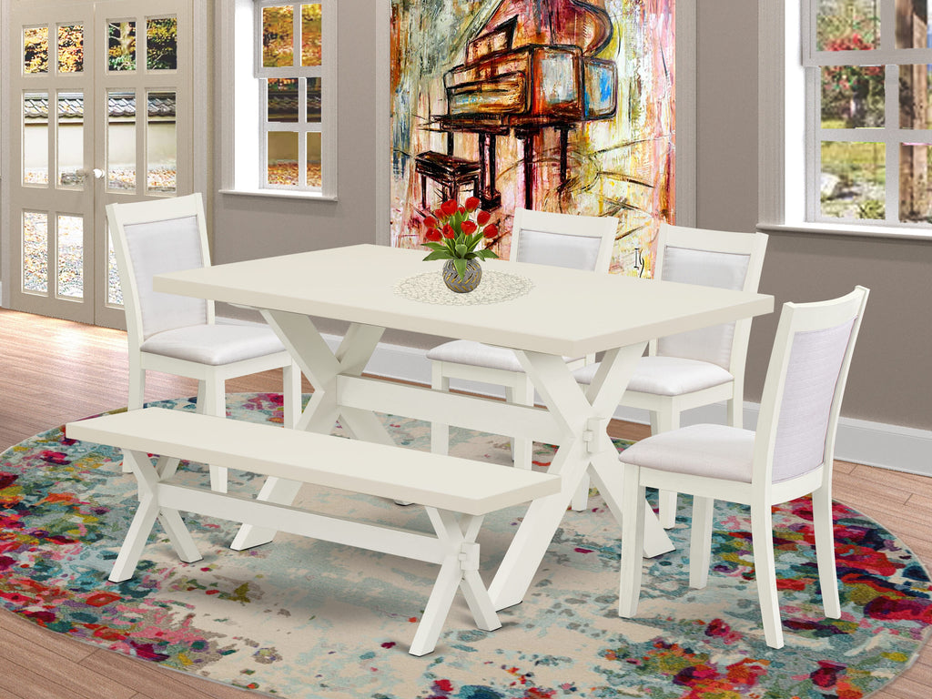 X026M89NO-L Charming 6-Piece Rectangle Dining Set with X-Leg Table, Cream Parson Chairs & Bench, Multi-Color
