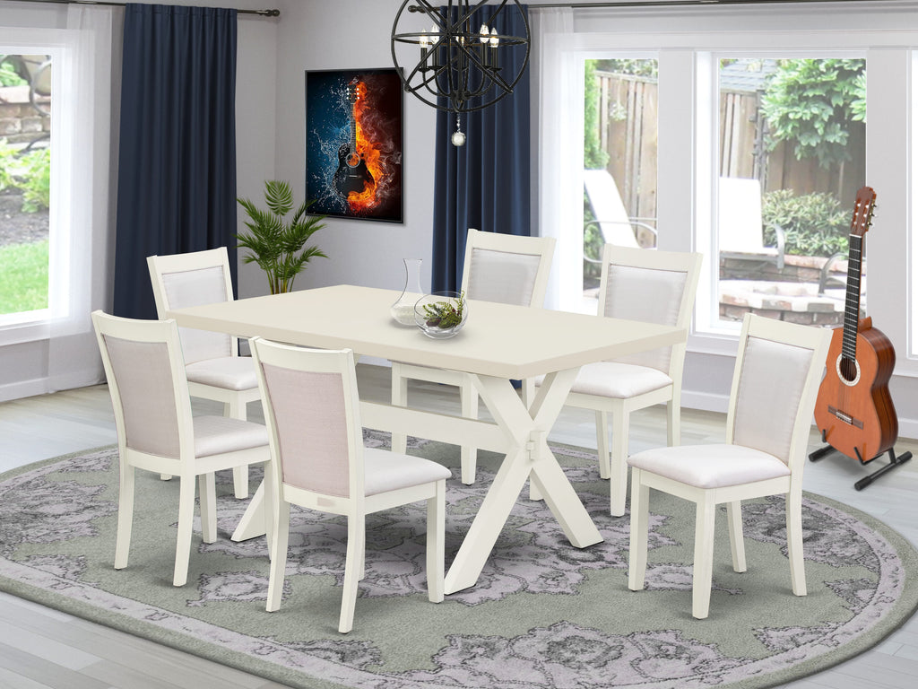 X026MBFO2-6 7-Piece Dining Ensemble with Rectangular Table and Cream Linen Chairs, 36x60