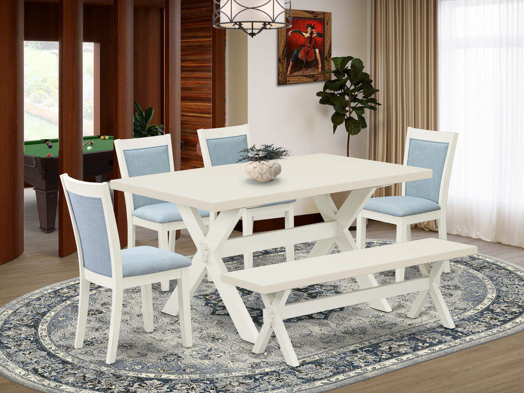 X026MOH02-8 Elegant 6-Piece Dining Ensemble with X-Leg Table, Blue Chairs & Bench, Multi-Toned, 36x60