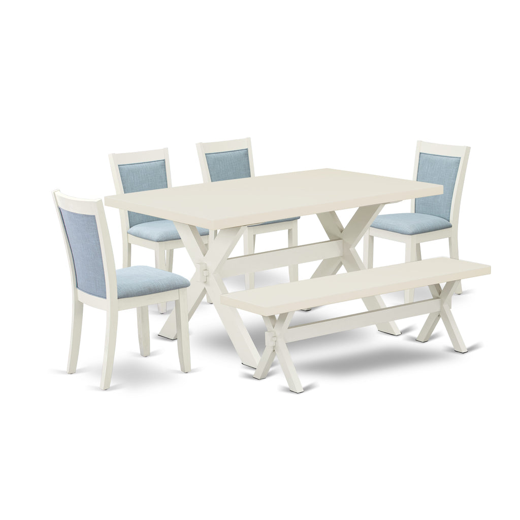 X026MOH02-8 Elegant 6-Piece Dining Ensemble with X-Leg Table, Blue Chairs & Bench, Multi-Toned, 36x60