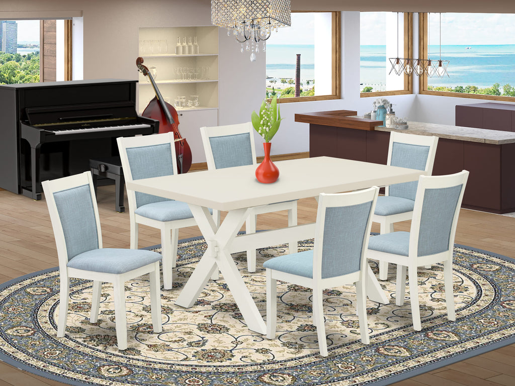 X026MDGKK-N 7-Piece Table Set with X-Legs and 6 Linen Fabric Chairs, 36x60 Inch, Multi-Color