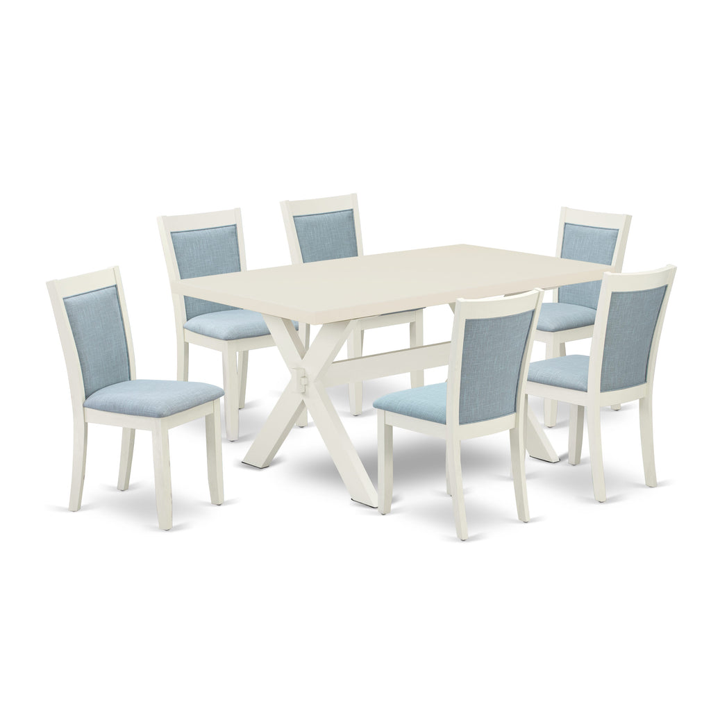 X026MDGKK-N 7-Piece Table Set with X-Legs and 6 Linen Fabric Chairs, 36x60 Inch, Multi-Color