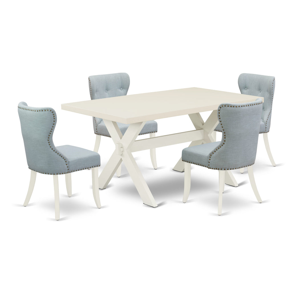 X026SOPR8-I 5 pc Dining Ensemble Rectangular Table with X-Legs & 4 Soft Blue Linen Chairs