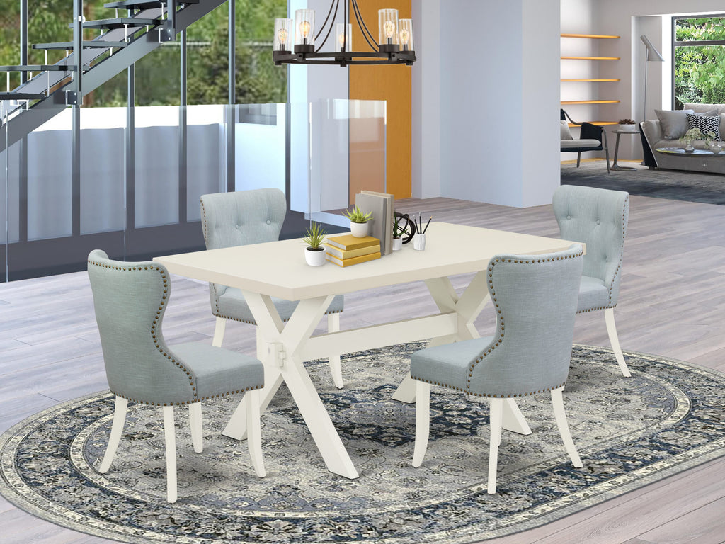 X026SOPR8-I 5 pc Dining Ensemble Rectangular Table with X-Legs & 4 Soft Blue Linen Chairs