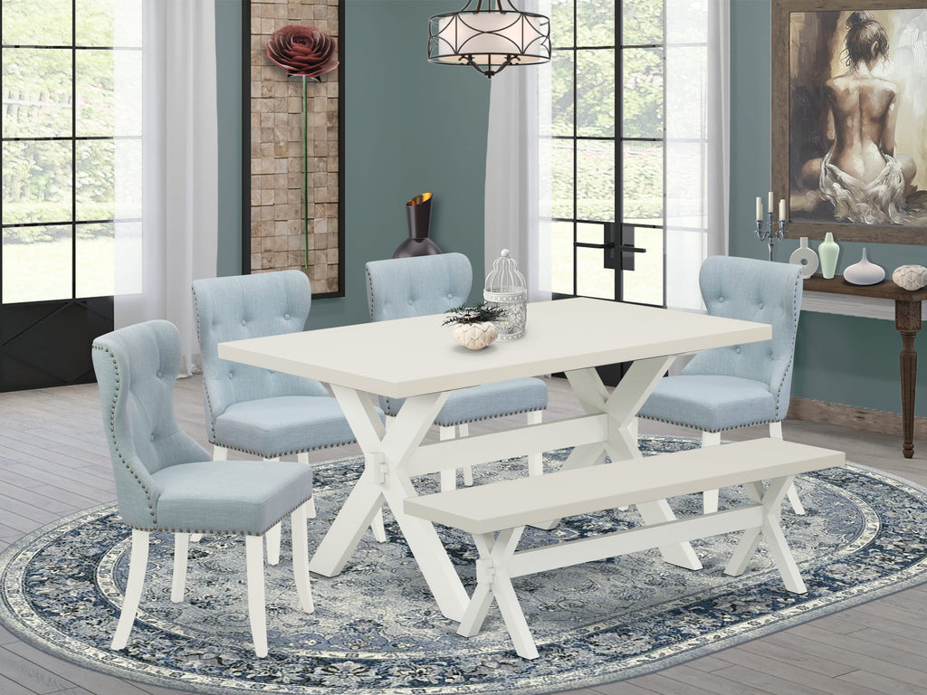 X026SDGWK-0 Modern 6-Piece Dining Furniture Set w/ Wooden Table, Baby Blue Chairs & Bench, Multi-Color
