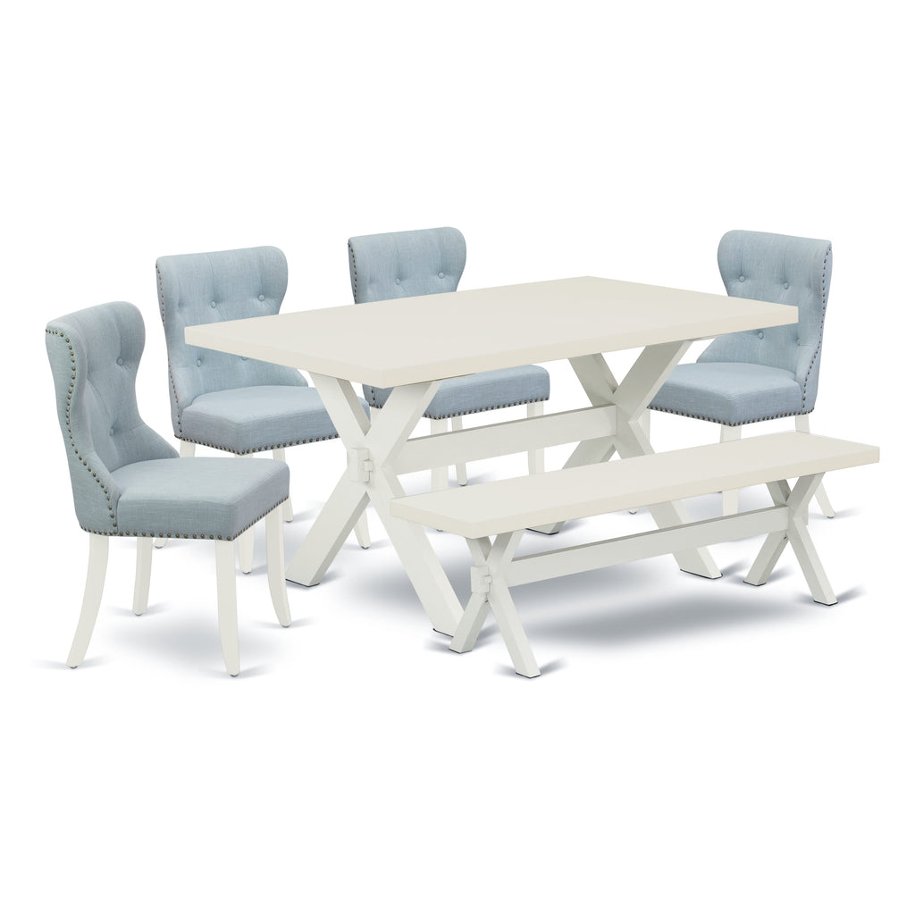 X026SDGWK-0 Modern 6-Piece Dining Furniture Set w/ Wooden Table, Baby Blue Chairs & Bench, Multi-Color