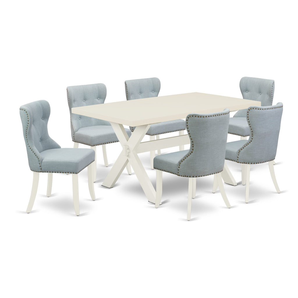 X026SE0TE-L 7 Piece Rectangular Dining Set with X-Legs and Baby Blue Linen Seats, 36x60 Inch