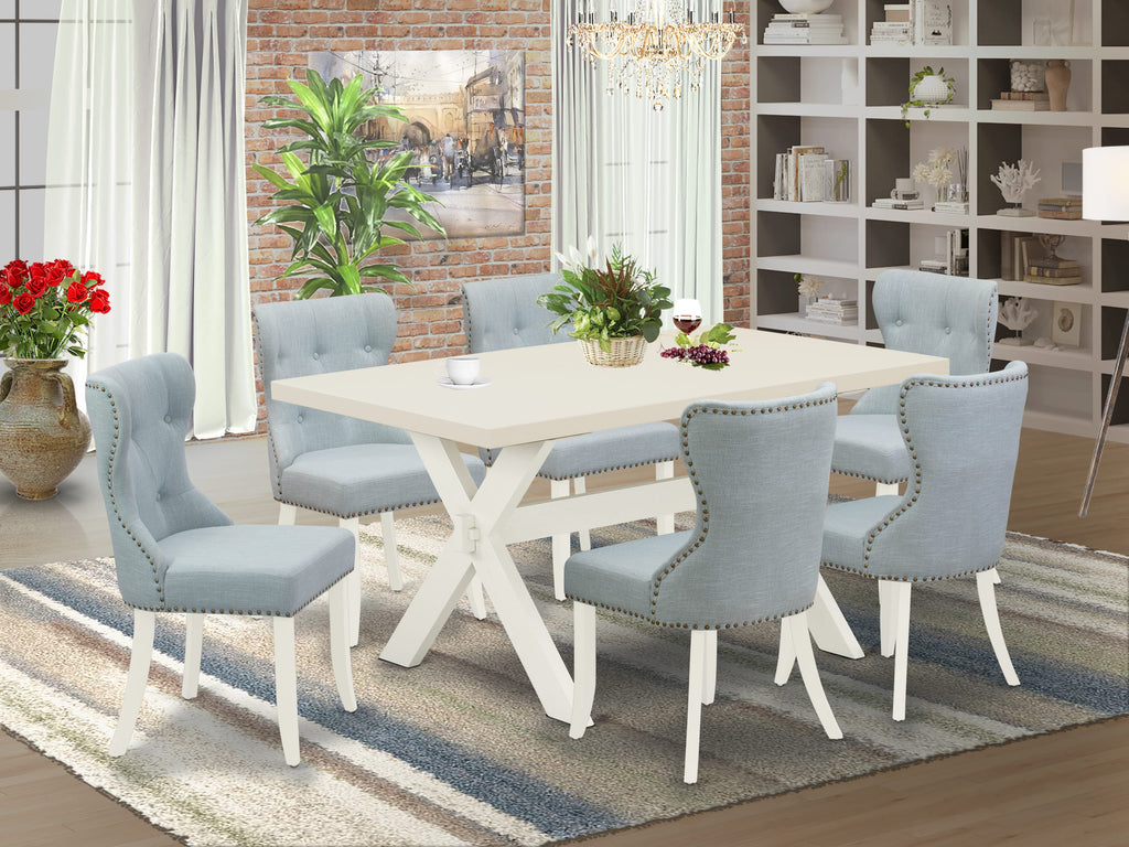 X026SE0TE-L 7 Piece Rectangular Dining Set with X-Legs and Baby Blue Linen Seats, 36x60 Inch